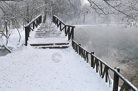冬季小木桥森林木头树木溪流天气孤独公园瀑布小路天桥图片