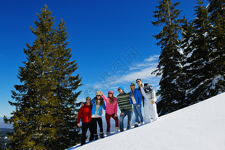 朋友在冬天的清雪上玩得开心闲暇运动夫妻喜悦女孩们太阳男人团队蓝色娱乐图片