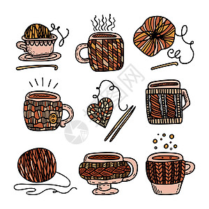 Doodle 风格彩色剪辑 配有编织咖啡的杯子 用于印刷和网络的多彩矢量设计图片