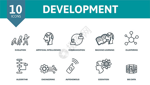开发图标集 进化 人工智能 通信 机器学习 认知 工程 大数据等简单元素的集合图片