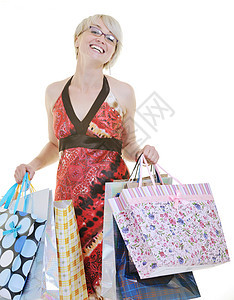 带着彩色袋购物的年轻快乐成年青年妇女衣服女孩微笑成人消费者购物者店铺顾客金发女性图片