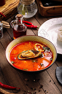 海鲜汤加米饭火辣酱食物海鲜美食午餐国家烹饪营养红色图片
