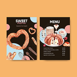 西班牙甜点概念 水彩色风格的菜单模板旅行国家咖啡店烹饪食物美食文化巧克力面团糕点图片