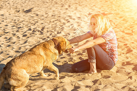 身着太阳镜的年轻美人肖像 坐在沙滩上 带着金色猎犬 海路女孩与狗同行朋友闲暇行动微笑拥抱游戏女性感情海洋训练图片