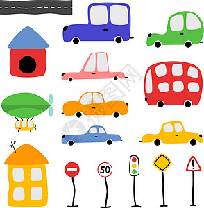 汽车异味一套美丽的婴儿图标 孩子的汽车风格插图玩具旅行运输包装纺织品艺术绿色墙纸插画