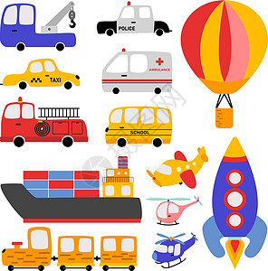 一套美丽的婴儿图标 孩子的汽车包装风格卡通片运输旅行玩具插图收藏童年纺织品图片