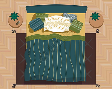 卧室顶视图 人字形镶木地板 黄绿蓝内饰 带有斯堪的纳维亚图案的枕头 床头柜 花盆里放着鲜花 条纹床罩毯子 深色地毯 现代 斯堪的图片
