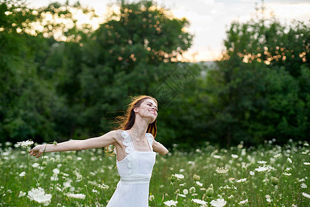 在一个充满欢乐的田野里的女人 穿着白色衣服的鲜花在大自然中裙子皮肤头发微笑公园金发女性女孩阳光草地图片