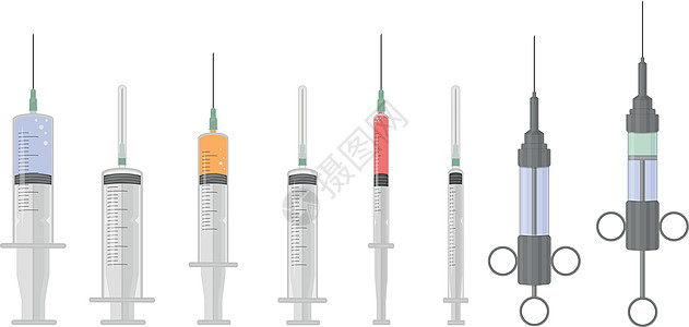 一组各种形状和用途的医用注射器 注射用注射器 装满药物的一次性和可重复使用的老式注射器 向量图片