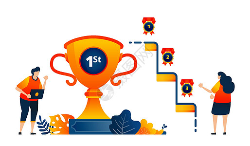人们获得第一名 第二名 第三名的奖杯 庆祝胜利 矢量插图概念可用于登陆页面 模板 ui ux web 移动应用程序 海报 横幅 图片