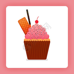 纸杯蛋糕的插图 上面有草莓鲜奶油和五颜六色的糖果浇头 华夫饼 巧克力棒 设计可以用于书籍 传单 海报 网站 网络 应用程序 登陆图片