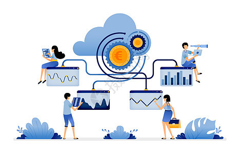 从云端上传和访问财务数据并通过机器学习应用程序以图表形式显示的插图 登陆页面 网页 网站 移动应用程序 海报 传单 ui ux 图片