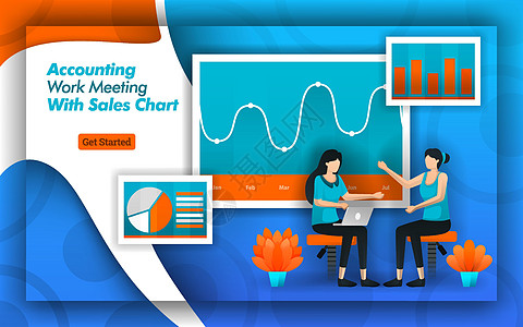会计公司提供会计工作会议服务和销售图表 以确保数据的准确性 并获得认证的簿记员 外包和银行业务需要财务簿记 平面矢量样式图片
