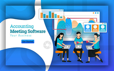 财会软件拥有来自多家公司的专业会计师 服务于小企业报税和会计师培训 非营利软件提供免费课程 平面矢量样式图片