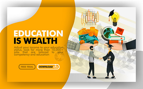 矢量插图 关于教育的黄白横幅网站是财富 商务人士将金钱和股票交换到服务中 以换取知识 思想 书籍和灯泡 平板风格(flat St图片