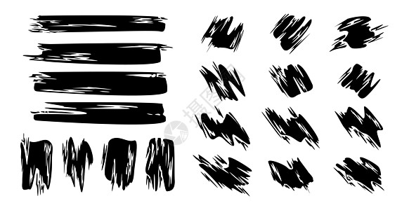 白色背景上不同的黑涂黑划线  矢量染料绘画中风收藏水彩笔触插图边界飞溅画笔图片