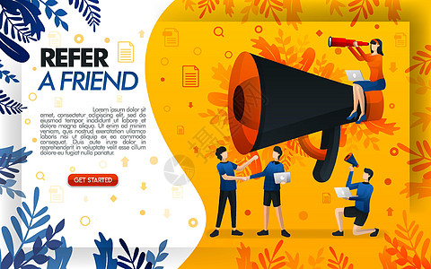 用于在线促销和推荐计划的巨型扩音器 参考朋友网站 握手和做交易的人 概念向量 可用于页面 移动应用程序 海报 flayer图片