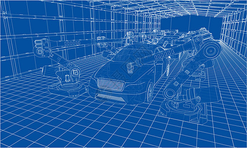 机动车辆组装 3d 插图电脑植物汽车工厂手臂工程输送带技术自动化机器人图片