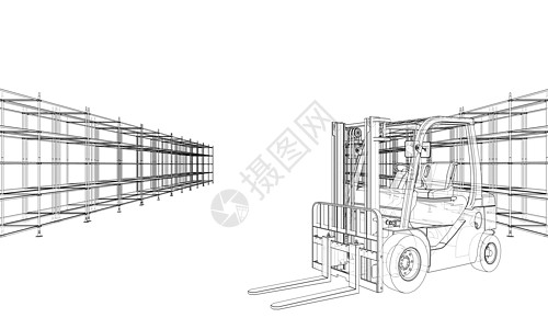 仓库架货架和叉车作坊卡车送货加载草图工业拖拉机液压蓝图车辆图片