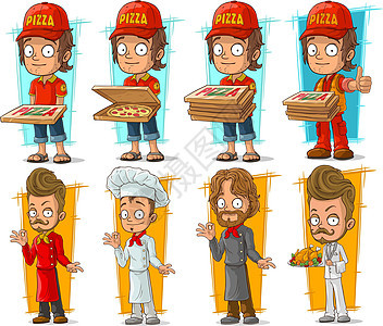 送披萨的卡通比萨饼男孩和厨师角色组合图片