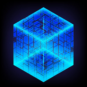 明亮的能量盒 光几何 智能代码 大数据 数字芯片 眩光网格线 发光 3D 立方体 中央处理器核心 抽象技术背景 未来的高科技科学图片