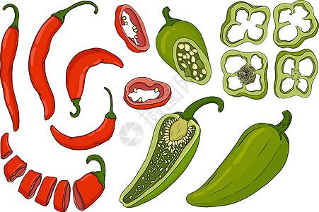 手画彩色矢量插图 孤立在白背景上 Chilli 图标团体蔬菜绘画食物宏观香料辣椒素寒冷美食辣椒图片