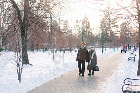 冬夜在公园散步的罗马老人夫妇 永远爱 冬天白雪的背景 笑声男人微笑女士疾病幸福皮肤退休老年家庭男性图片