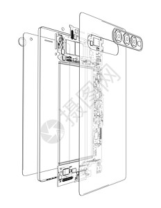 已拆散的智能手机概念大纲控制蓝图展示传感器电池案件累加器3d方案按钮图片