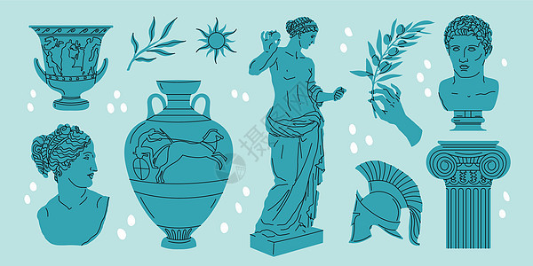 各种古老的雕像 女性头目 分支 Amphora 手 神话 古希腊风格 孤立元素花瓶双耳艺术大理石历史涂鸦收藏艺术品女神雕塑图片