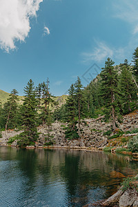 大型山湖 高山风景 湖泊和高山峰森林全景环境假期山脉顶峰公园旅游蓝色反射图片