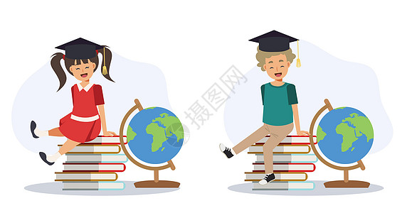 学习教育概念 年轻的学生毕业 毕业帽子 坐在一堆书上 平向矢量 2D 卡通人物插图 (笑声)图片