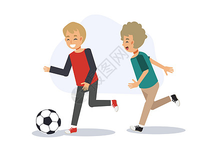教育运动概念 年轻孩子在踢足球 触摸着geteher 平向矢量 2D 卡通人物插图图片