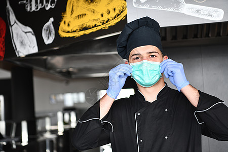 厨房厨师佩戴面罩保护性医疗面具 以保护免受冠状病毒感染男人男性手套帽子职业乡村食物感染保健烹饪图片