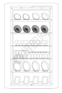 商店橱窗的轮廓 上面有盘子和杂货 黑色线条隔离在白色背景上 带厨房用具的商店柜台 正视图 矢量图场景销售市场接待房间酒厂购物中心图片