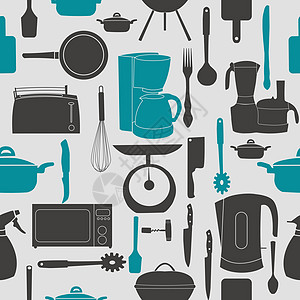 Grunge 复古矢量插图无缝模式的烹饪厨房工具饮食软木微波烧烤咖啡机擀面杖砧板勺子餐厅平底锅图片