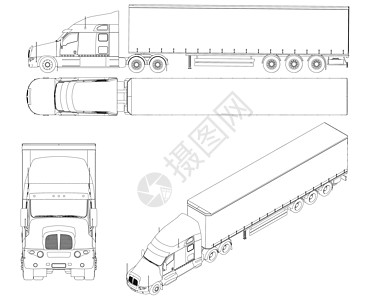 设置有卡车的轮廓 货车来自白色背景上孤立的黑色线条 正面 侧面 顶部 等距视图 矢量图图片