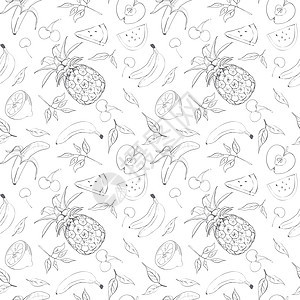 水果和草莓草图 设计无缝的背景材料收藏西瓜李子收成市场插图覆盆子热带柠檬饮食图片