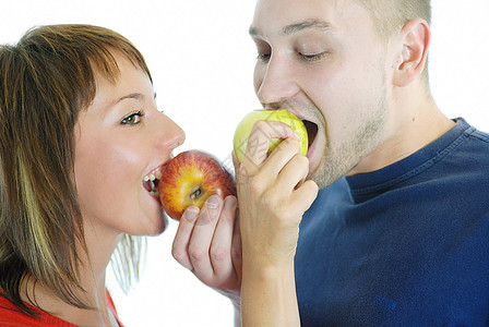 健康夫妇和苹果诱惑微笑男性恋人女性男人女士重量团队女孩图片