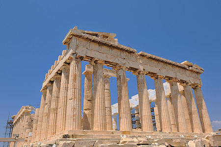 希腊雅典帕台农神庙历史性博物馆柱子石头历史废墟旅游蓝色观光纪念碑图片