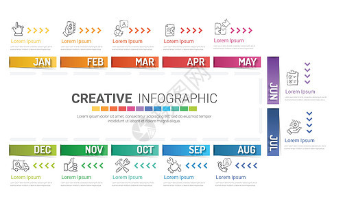 12 个月的演示业务信息图表模板报告整个月日程顺序项目年度数据营销网络计划背景图片