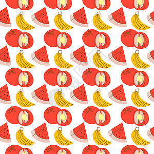 果类形态 包括彩色 西瓜 香蕉 番茄 蔬菜和水果的矢量无缝无缝模式图片