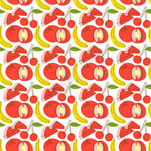 无缝模式与水果元素西瓜 香蕉 樱桃 水果无缝模式 用于网络 印刷和纺织品的西瓜 番茄 樱桃的矢量平面插图图片