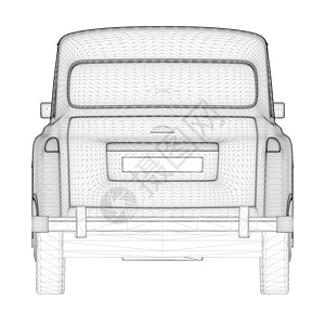 黑色线上一辆反光车的线路框架 在白色背景上隔离 后视图 3D 矢量插图图片