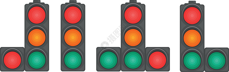 一组四个红绿灯 具有不同的部分排列 红绿灯 插图描绘了带有圆形红灯 黄灯和绿灯的交通灯 一种交通管制装置图片