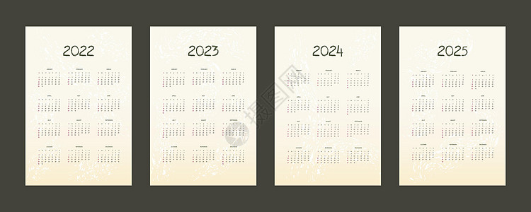 2022 2022 2023 2024 2025 日历垂直模板 带有纹理效果的可爱简单风格 周开始于星期日图片