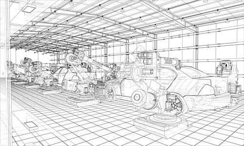 工厂3D图机动车辆组装 3d 插图机器工程汽车设备草图工厂手臂仓库商业电脑背景