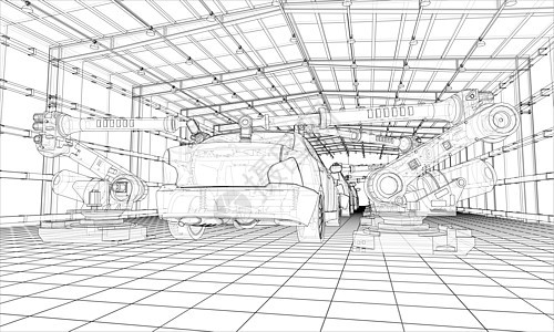 机动车辆组装 3d 插图蓝图生产仓库机器机器人草图工程工厂技术机械图片
