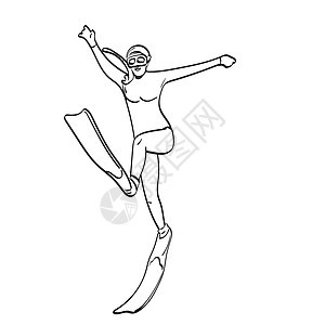 身穿泳衣的女子 在白色背景线艺术中被孤立地抽拔着用脚印插图解的矢量手跳跃图片