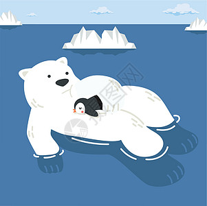北极熊和小企鹅在北极睡觉插图艺术卡通片绘画荒野橡皮冰山旅行游泳海洋图片