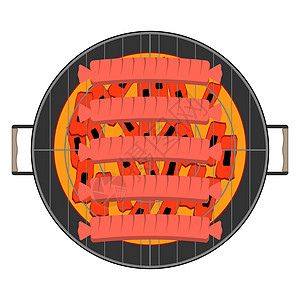 在圆烤架上烧煤的炸香肠 白色背景的矢量插图图片